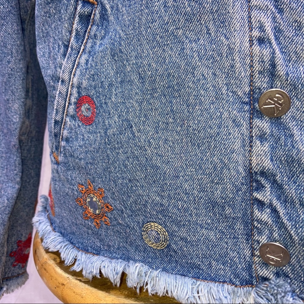 CALVIN KLEIN JEANS Denim Jean Jacket with Red Orange Embroidery 100% Cotton - Picture 2 of 13